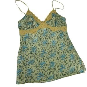 Dolled Up by FANG Green Floral Satin Lace Trim Camisole Top Large Y2K Coquette
